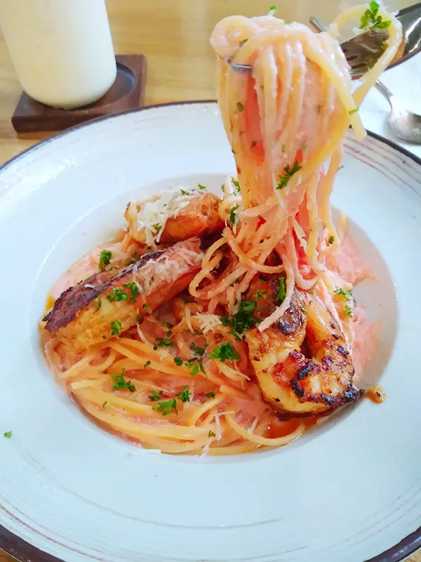 Spaghetti Mentaiko with Grilled Shrimp