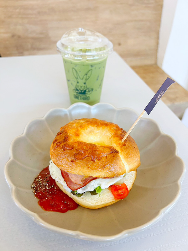 Bagel Ham and Cheese, and Matcha green tea